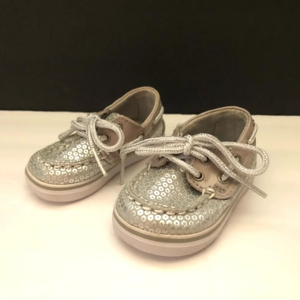 Sperry Topsider Faux Silver Sequin Lace Up Bahama Crib Jr Boat Shoes Baby US 1 M